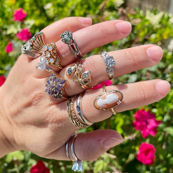 Vintage/Antique High Prong Diamond and Green Flower Solid 10k White Gold Ring - Picture 15 of 16